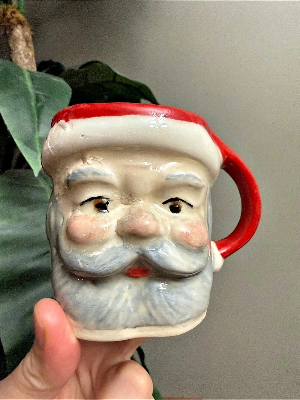 Vintage 1970s Mid Century Santa Claus Holiday Mug in Cold Paint Glaze Pottery